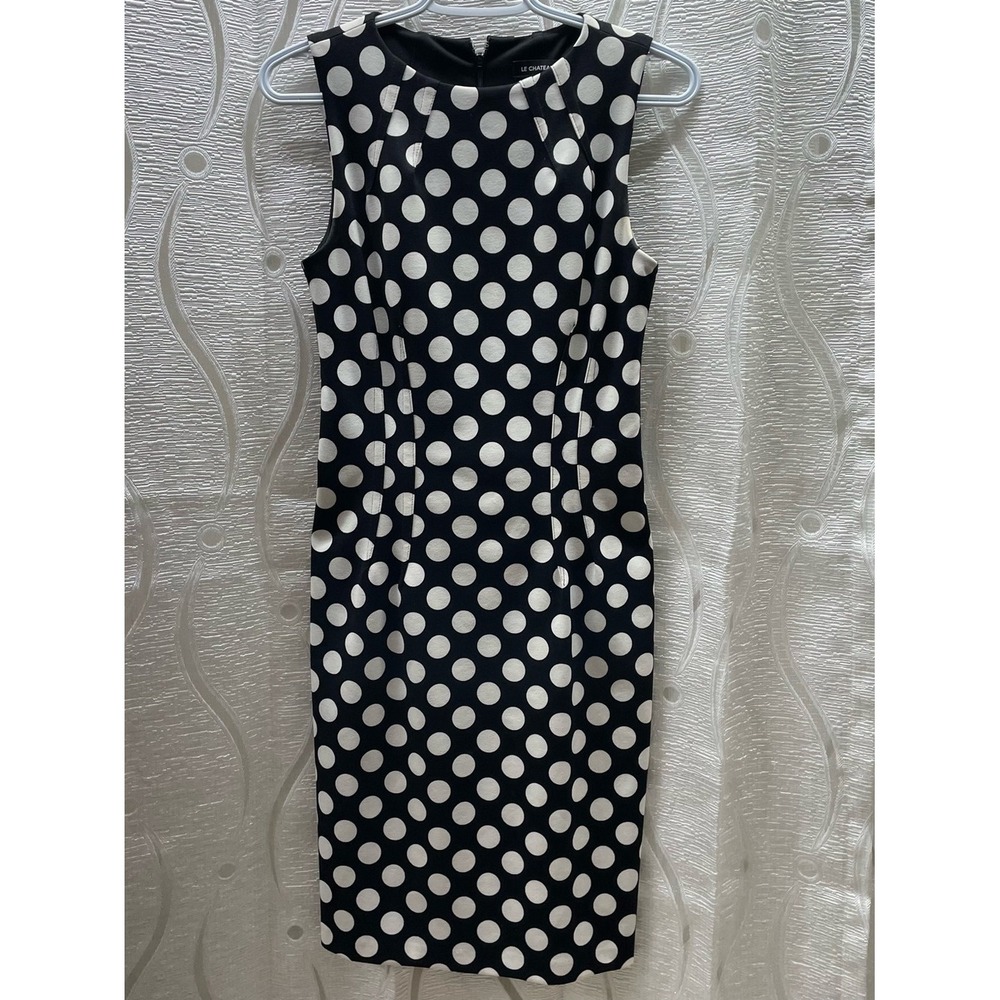 Le Chateau Sheath Dress Womens Small Black White Polka Dot Sleeveless Lined